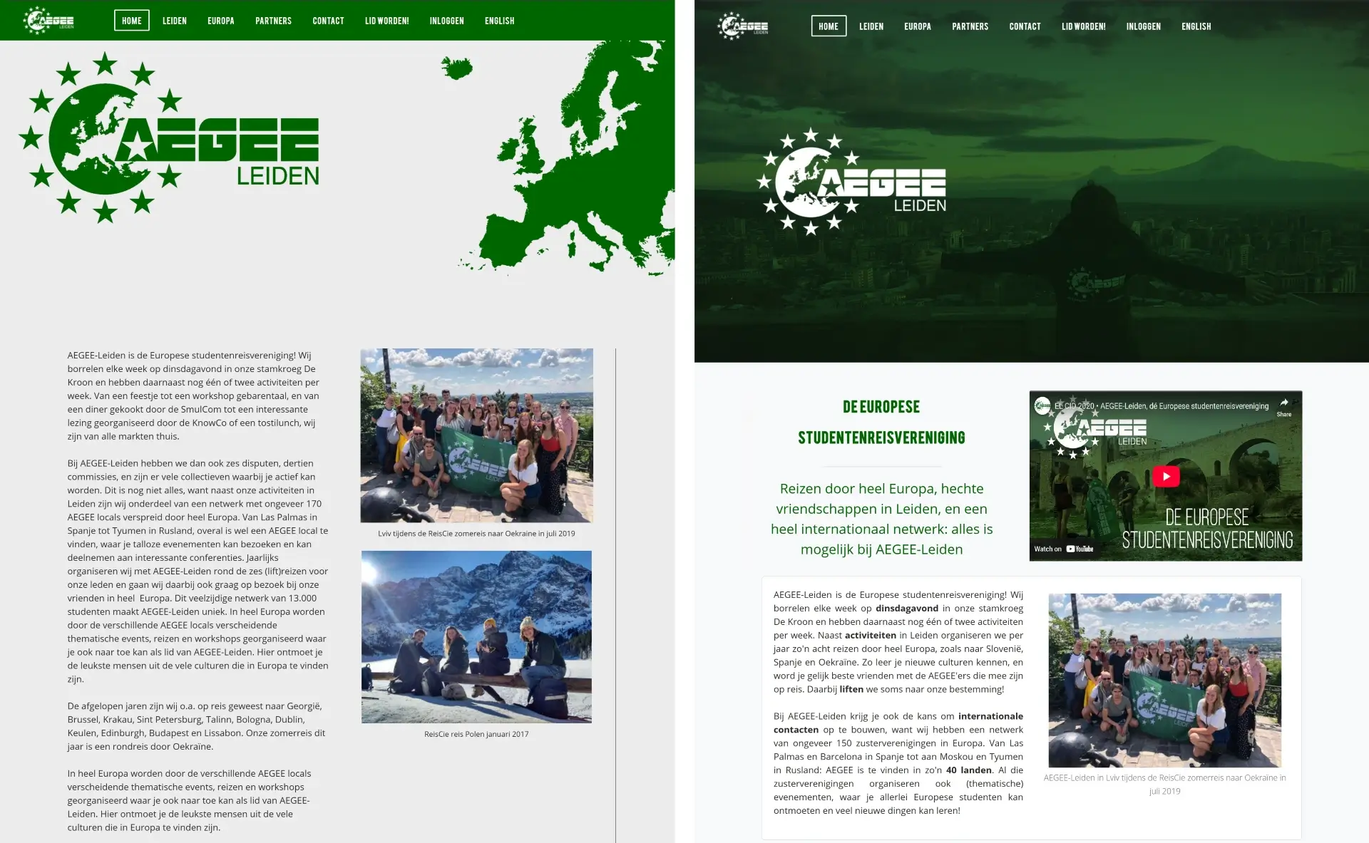 A comparison between the old and new homepage of the AEGEE-Leiden website